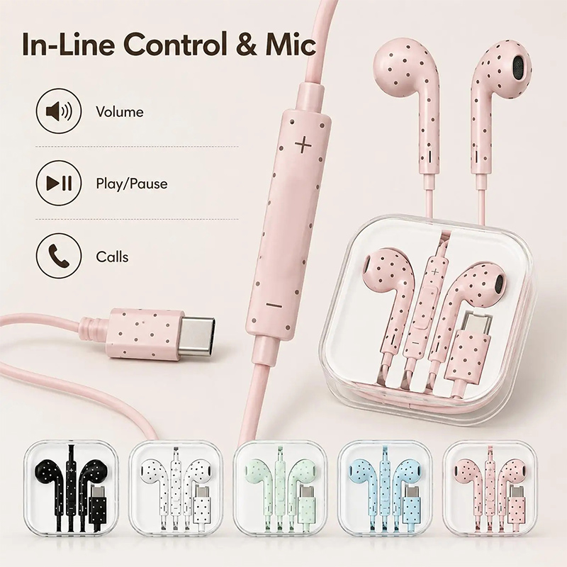 귀여운 물방울무늬 Type-C 유선 이어폰, 마이크 내 - Wired Earphone Mic 리뷰 및 가격